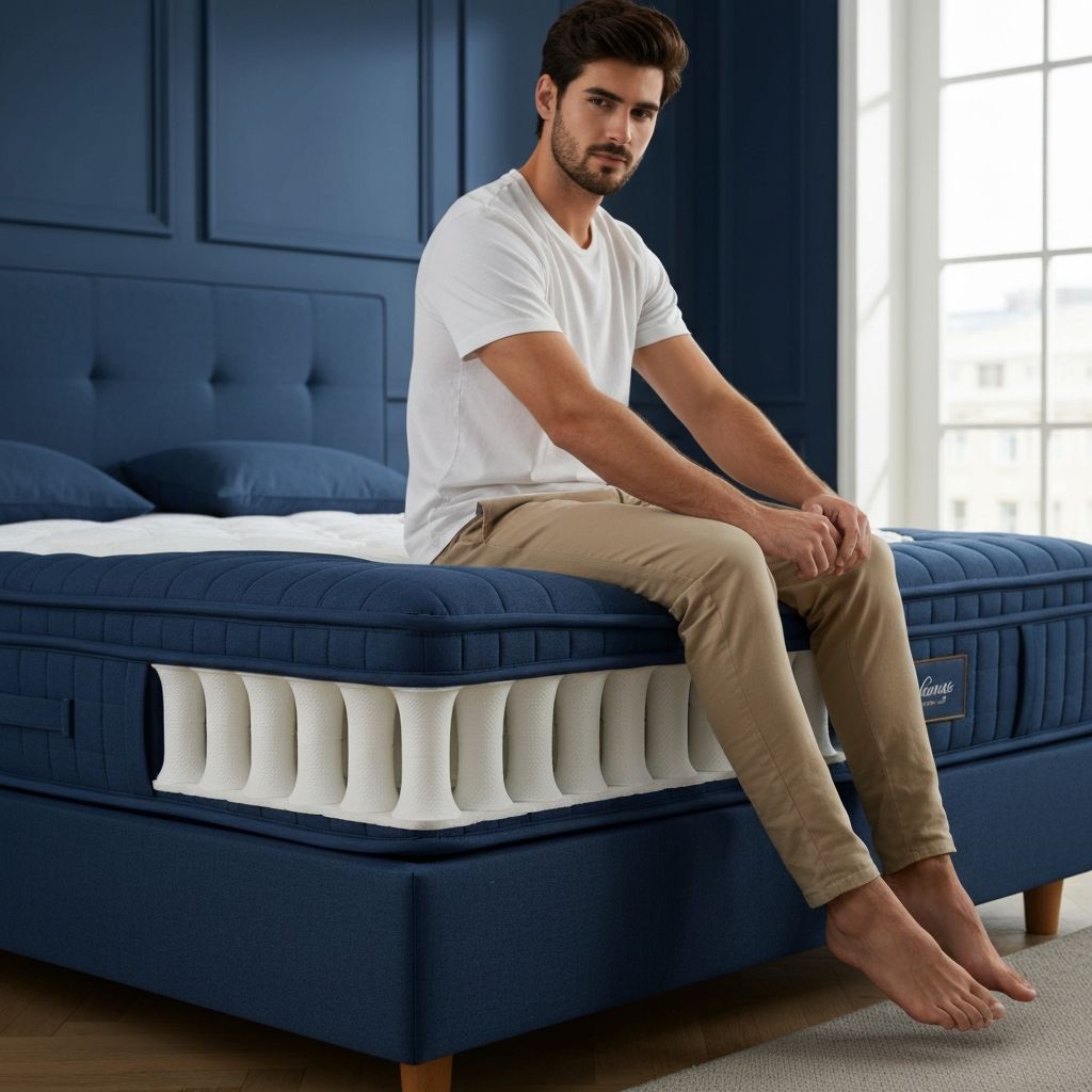 Person sitting on edge of Sealy mattress demonstrating DuraFlex edge support preventing roll-off